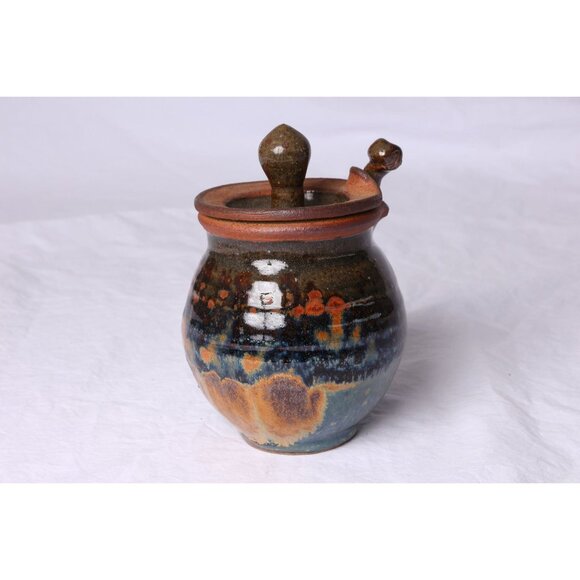 Vtg 1979's Handmade Blue & Brown Glazed Ceramic Honey Jar With Lid And Honey Dip - Picture 1 of 10